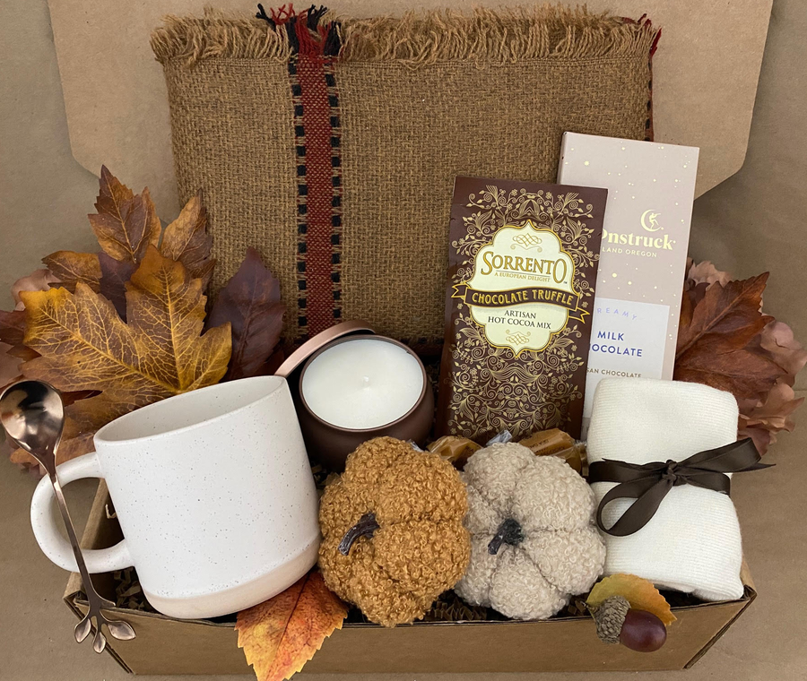 Fall Gift Box For Her, Fall Gift Basket with Scarf, Harvest Pumpkin Candle Gift, Sending Cozy Vibes, Comfort Gift Box for Women